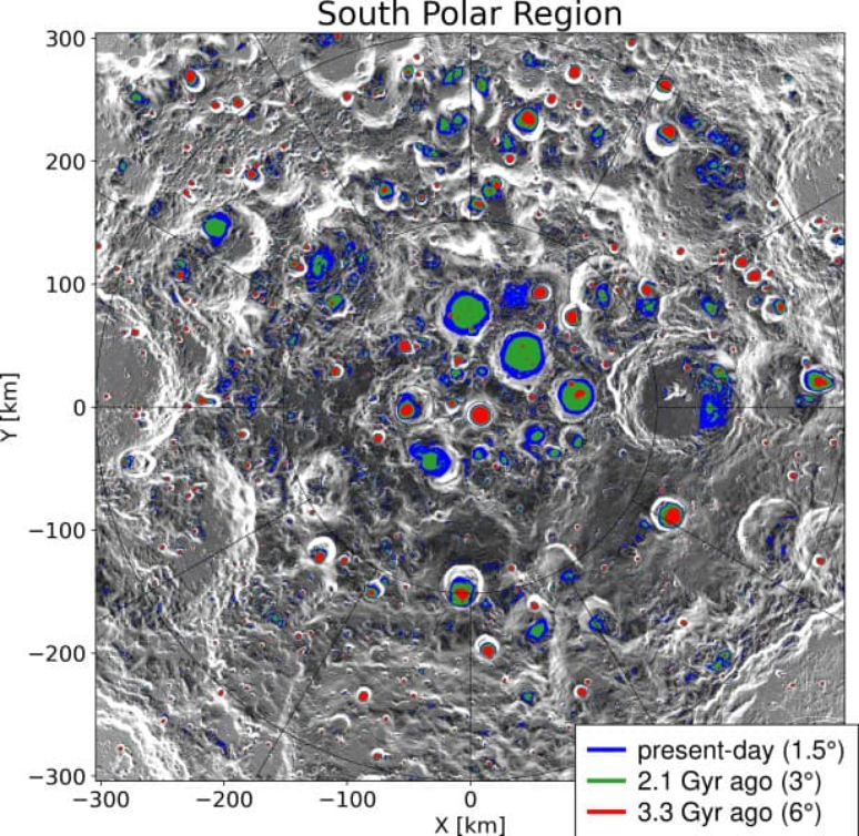 Mapa da região do polo sul lunar e suas crateras em sombras permanentes, com as respectivas idades (Imagem: Reprodução/Norbert Schorghofer/PSI)