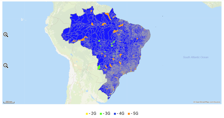 Lançado no início do mês, o mapa nacional de redes móveis exibe a cobertura em todos os municípios brasileiros, e engloba o 5G e gerações anteriores (Imagem: Reprodução/Anatel)