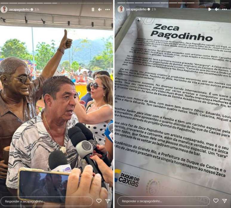 Stories publicados por Zeca Pagodinho mostram momento de inaugura&ccedil;&atilde;o de est&aacute;tua e placa em sua homenagem