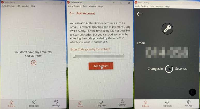 Enquanto Google e Microsoft só oferecem seus apps autenticadores nos celulares, Authy é alternativa para quem precisa obter códigos de verificação em duas etapas no PC (Imagem: Captura de tela/Canaltech)