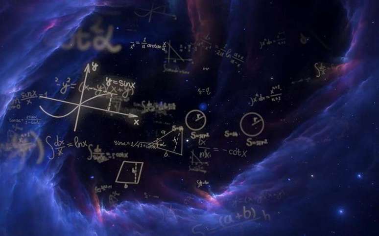 Ilustração de fórmulas matemáticas com o universo ao fundo