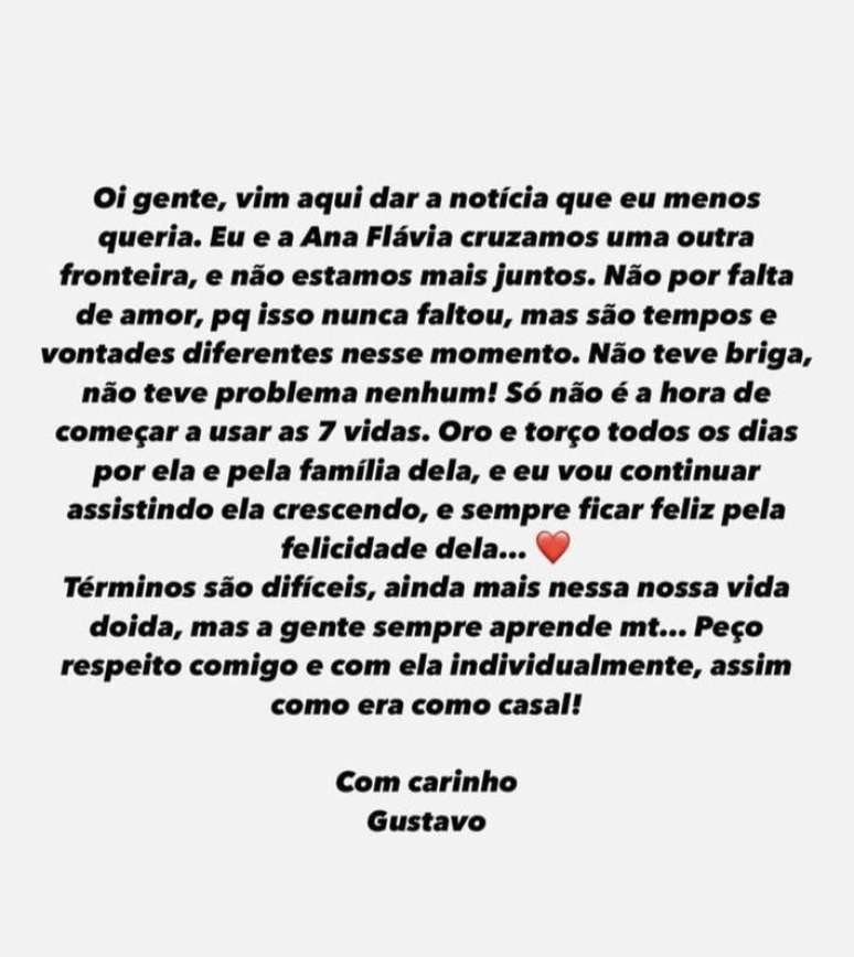 Gustavo Mioto confirma fim de relacionamento com Ana Castela