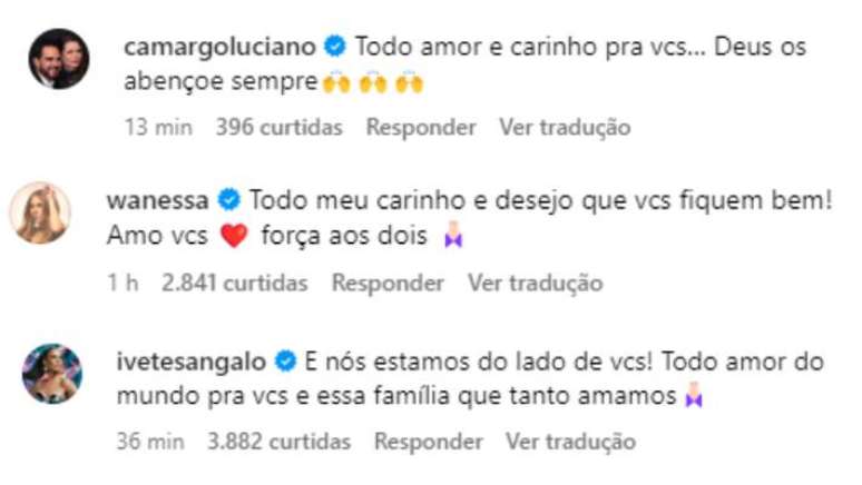 Famosos reagem ao término de Sandy e Lucas Lima: mensagens de Zezé di Camargo e Luciano, Wanessa e Ivete Sangalo.