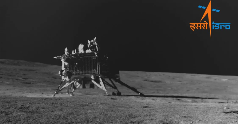 Lander Vikram, da missão Chandrayaan-3, na Lua (Imagem: Reprodução/ISRO)