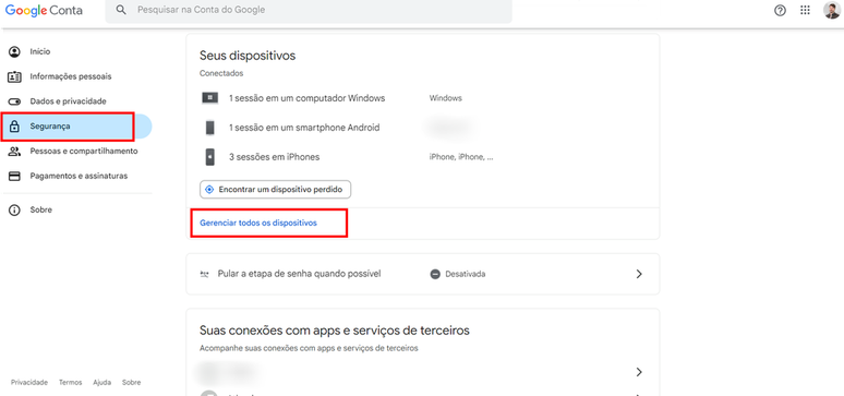 É necessário clicar em “Gerenciar todos os dispositivos” para ter acesso às suas contas ativas do Gmail (Imagem: Captura de tela/Fabrício Calixto/Canaltech)