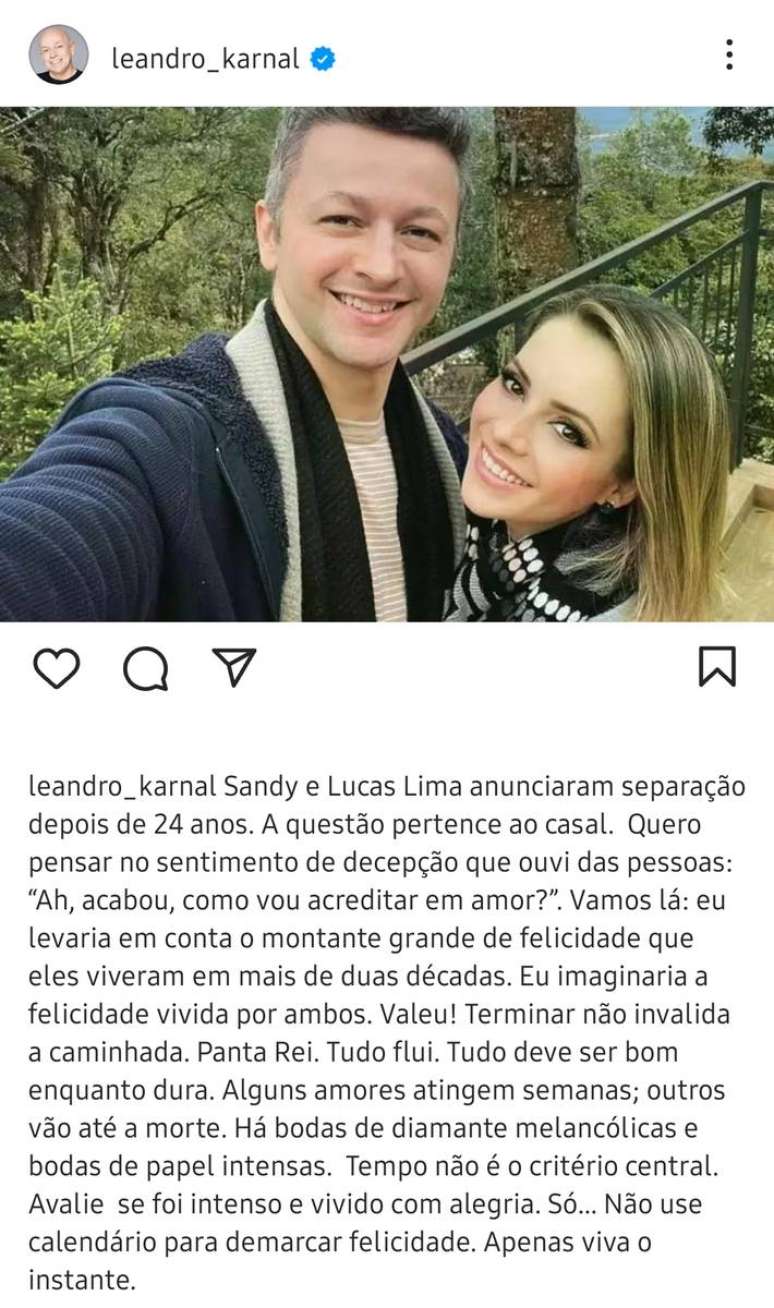 Leandro Karnal comentou no Instagram a separação de Sandy e Lucas Lima