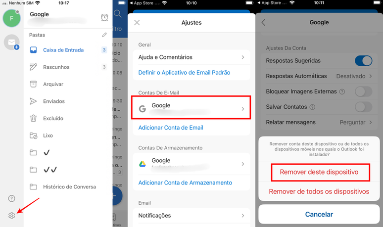 O Outlook permite que você faça logoff do seu Gmail removendo a conta do app (Imagem: Captura de tela/Fabrício Calixto/Canaltech)