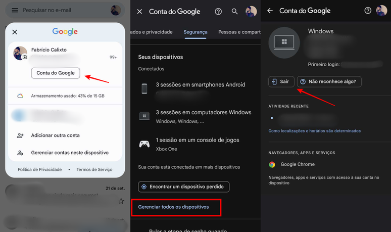 Você pode usar o app do Gmail para fazer logoff de forma remota (Imagem: Captura de tela/Fabrício Calixto/Canaltech)