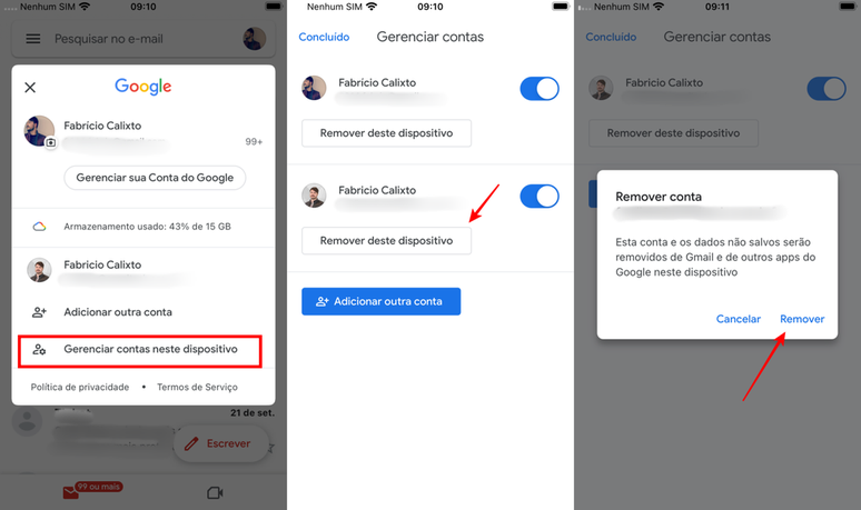 É possível sair do Gmail no celular removendo sua conta do aparelho (Imagem: Captura de tela/Fabrício Calixto/Canaltech)