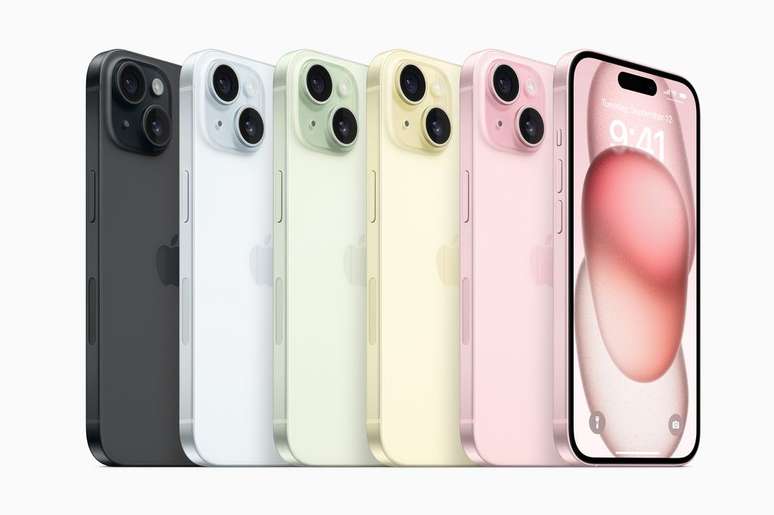 O iPhone 15 e o iPhone 15 Plus estão disponíveis nas cores preto, azul, verde, amarelo e rosa (Imagem: Divulgação/Apple)