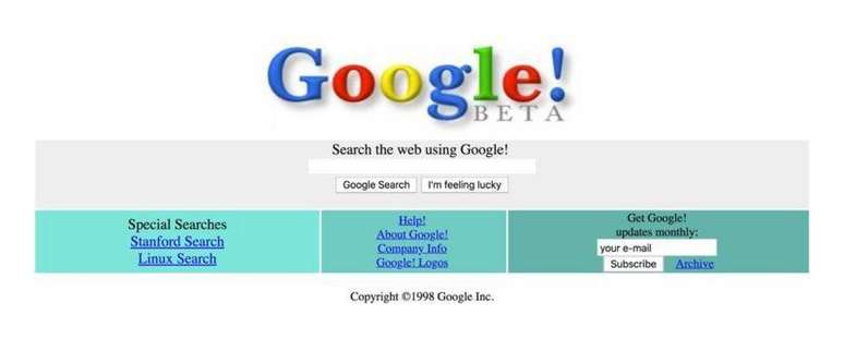 O layout inicial do Google em 1998