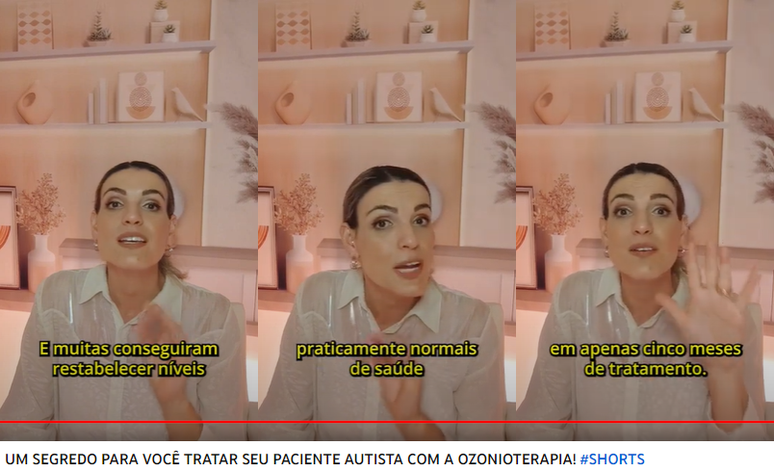 Frames de vídeo da fisioterapeuta Thalita Frais defendendo o uso de ozonioterapia para tratar pacientes autistas