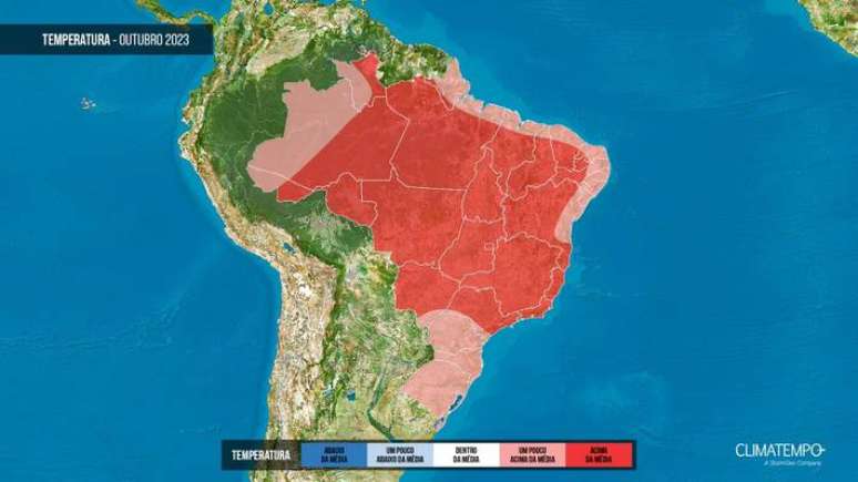 Mapa da Climatempo mostra subida das médias de temperatura em outubro para todo o País.