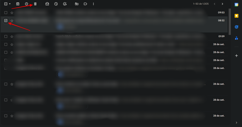 É muito simples selecionar e apagar mensagens de forma individual no Gmail no computador (Imagem: Captura de tela/Fabrício Calixto/Canaltech)