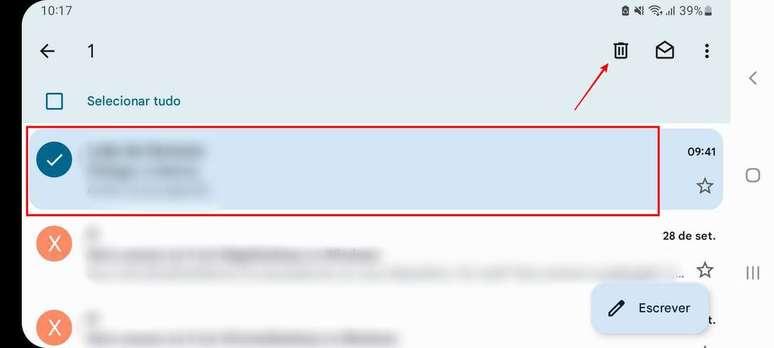 O app do Gmail para Android permite excluir mensagens individualmente (Imagem: Captura de tela/Fabrício Calixto/Canaltech)