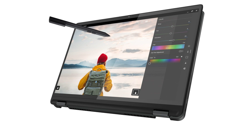 O aparelho se destaca pelo formato 2 em 1, com suporte a canetas stylus no padrão USI (Imagem: Divulgação/Lenovo)