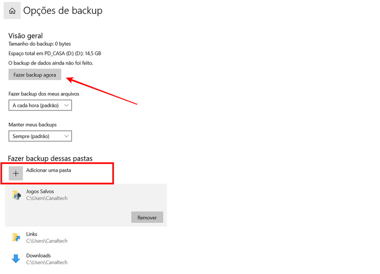 Você pode personalizar quais pastas deseja fazer backup no Windows 10 (Imagem: Captura de tela/Fabrício Calixto/Canaltech)