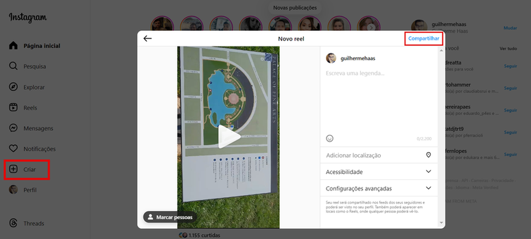 You can publish Reels from your computer using the “Create” button (Image: Screenshot/Guilherme Haas/Canaltech) You can publish Reels from your computer using the “Create” button (Image: Screenshot/Guilherme Haas/Canaltech)