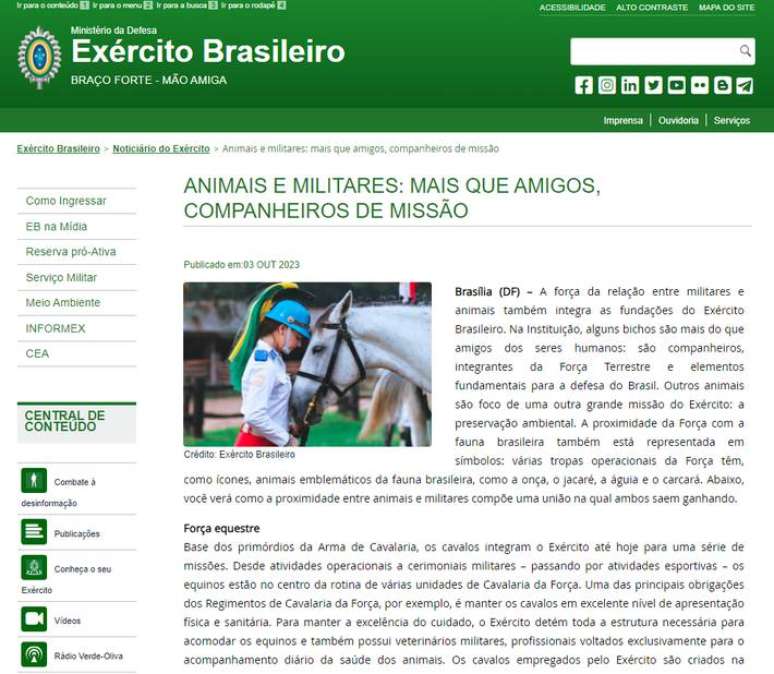 Texto publicado no site do Ex&eacute;rcito falando do respeito dos militares aos animais