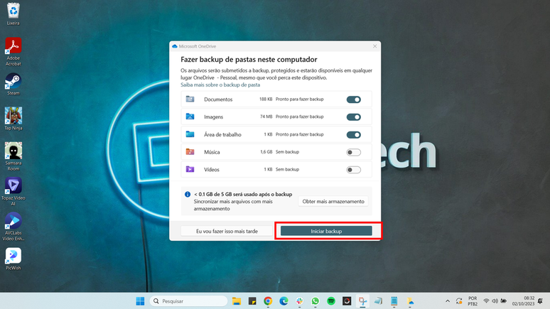 Com todas as pastas selecionadas, basta clicar em “Iniciar backup” para dar início ao procedimento no Windows 11 (Imagem: Captura de tela/Fabrício Calixto/Canaltech)