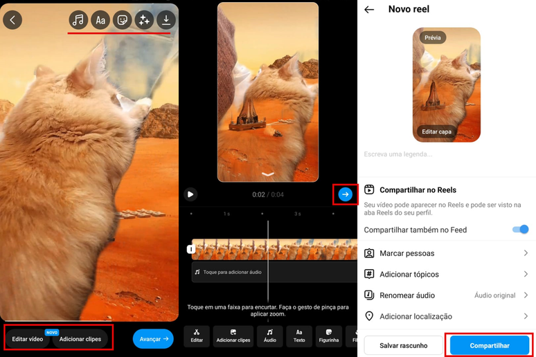 The Instagram app has editing tools for Reels (Image: Screenshot/Guilherme Haas/Canaltech) The Instagram app has editing tools for Reels (Image: Screenshot/Guilherme Haas/Canaltech)