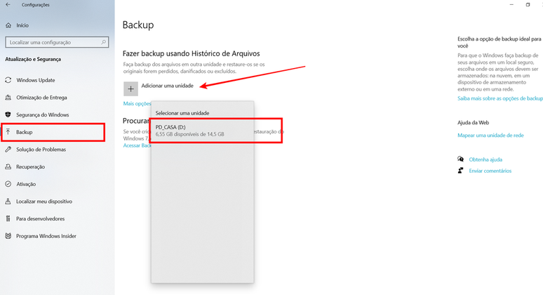 Para fazer backup no Windows 10 é necessário conectar uma unidade de armazenamento externo (Imagem: Captura de tela/Fabrício Calixto/Canaltech)