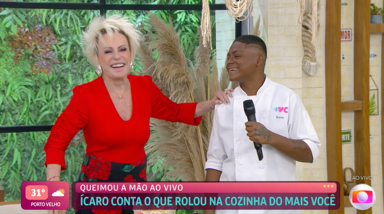 Ana Maria tira sarro do cozinheiro Ícaro após ele queimar a mão no Mais Você