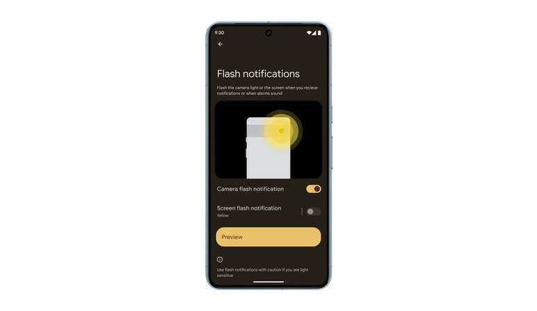 Android 14 vai emitir notificações silenciosas com o flash da câmera (Imagem: Divulgação/Google)