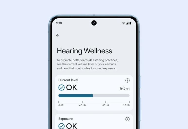 Com função de bem-estar auditivo, aplicativo Google Buds exibe nível de exposição em decibéis para manter saúde auditiva de usuários (Imagem: Divulgação/Google)