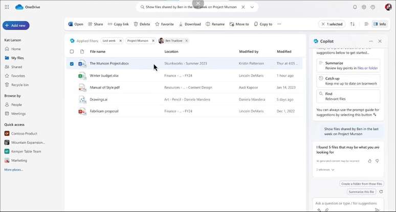 Copilot poderá ser usado na busca e no painel lateral do OneDrive (Imagem: Reprodução/Microsoft)