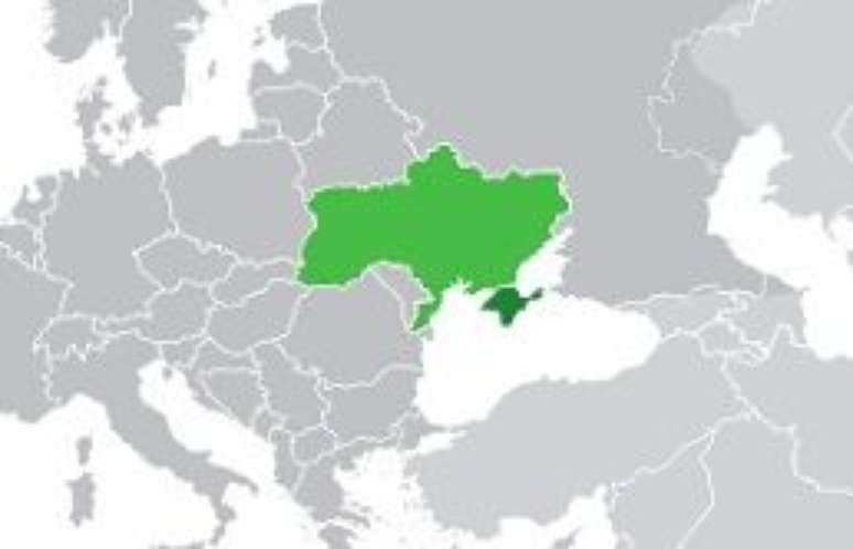 A crise na Crimeia envolve R&uacute;ssia, Ucr&acirc;nia, Uni&atilde;o Europeia e os Estados Unidos. O mapa mostra a Ucr&acirc;nia (verde claro) e a Crimeia (verde escuro). (Foto:Wikimedia Commons)