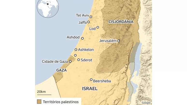 Mapa de Israel e dos territórios palestinos