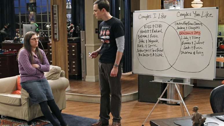 Amy e Sheldon listando personagens favoritos -