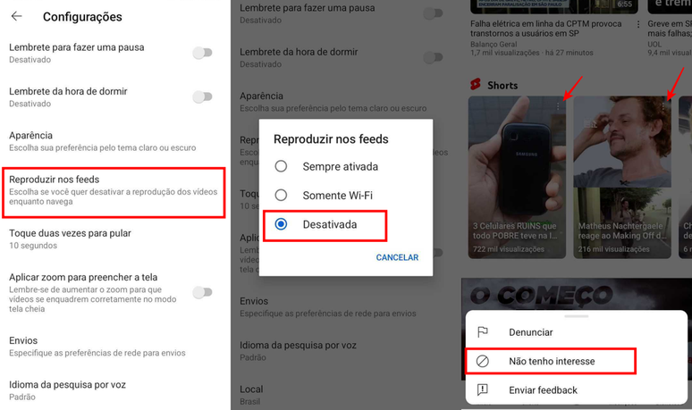 É possível desativar o Shorts no aplicativo do YouTube informando que você não tem interesse nos vídeos (Imagem: Captura de tela/Fabrício Calixto/Canaltech)