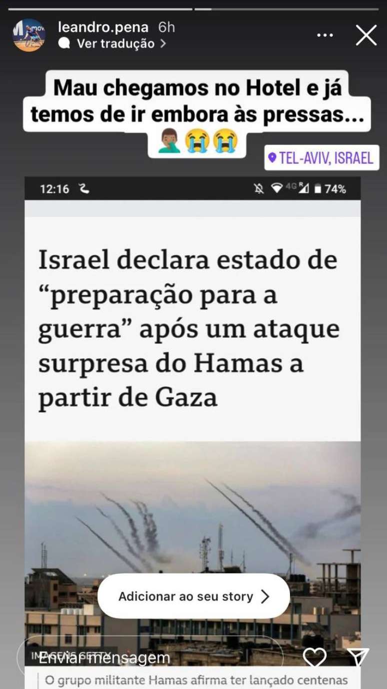 Leandro Pena teve de voltar urgente para o Brasil devido ao conflito em Israel.
