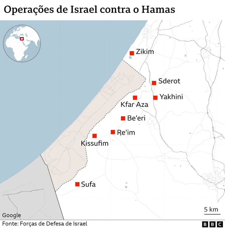 Pontos de Israel em que há confrontos ativos entre soldados israelenses e combatentes palestinos