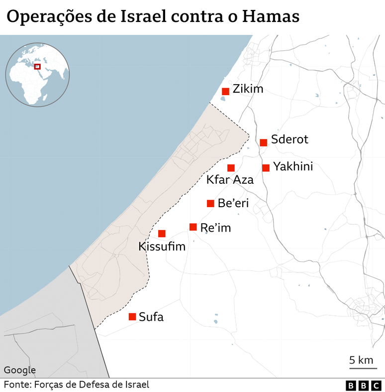 Locais com combates ativos entre Israel e Hamas próximos de Gaza (demarcada em pontilhado)