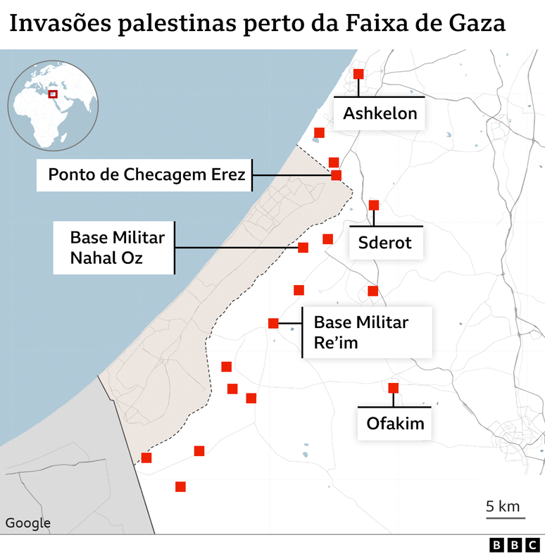 O ataque surpresa do Hamas partiu da Faixa de Gaza e se espalhou por várias localidade (em vermelho) de Israel