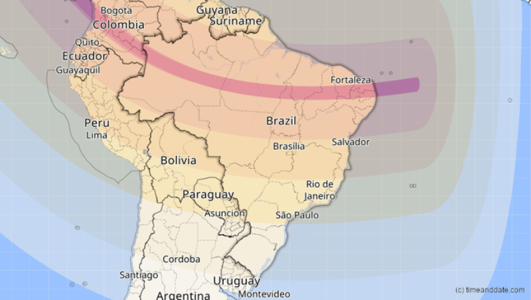 The red band indicates the regions in which it will be possible to observe the annular solar eclipse; outside of them the phenomenon will be partial (Image: Reproduction/timeanddate.com) The red band indicates the regions in which it will be possible to observe the annular solar eclipse; outside of them the phenomenon will be partial (Image: Reproduction/timeanddate.com)