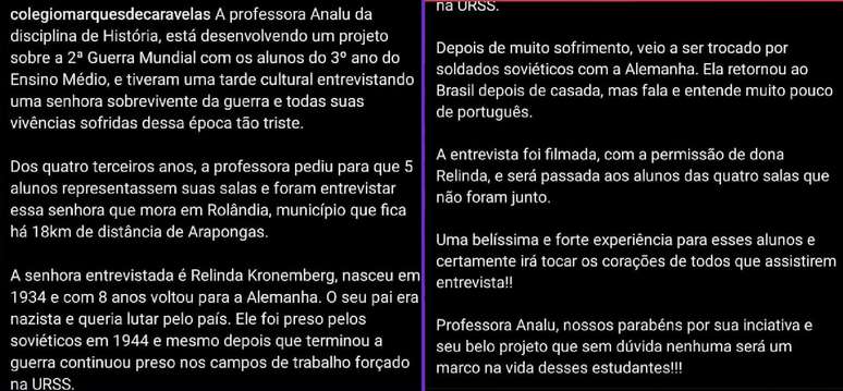 Publicação compartilhada no feed da escola parabenizava professora