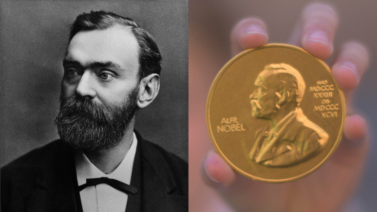 Alfred Bernhard Nobel ao lado da Medalha do Prêmio Nobel