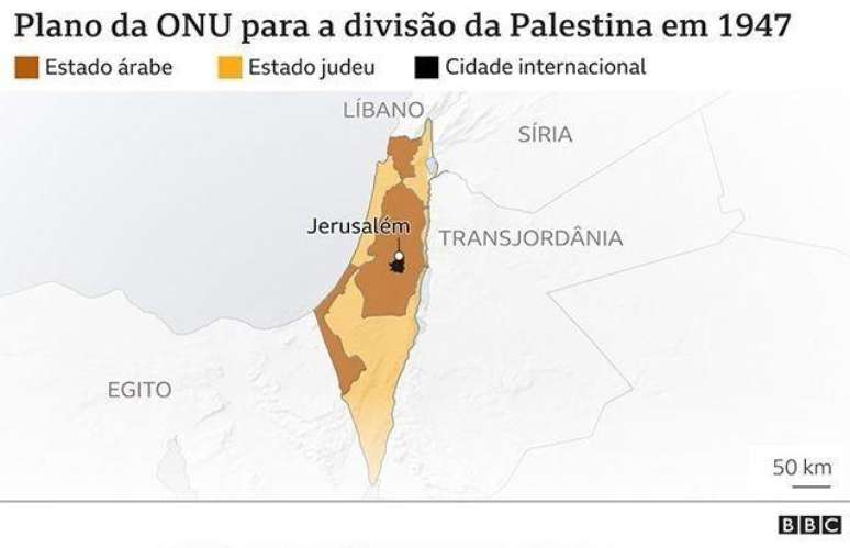 Mapa mostra plano da ONU para divisão da Palestina em 1947, com Estado árabe, judeu e a cidade internacional