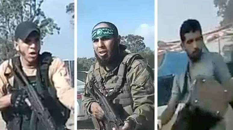 Os rostos de três homens que participaram do ataque - ferramentas de reconhecimento facial combinaram o atirador do meio com imagens de um homem com uniforme de policial em Gaza
