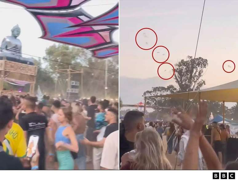 Um vídeo do site mostra os participantes do festival dançando enquanto alguns começam a notar sinais do que parece ser um lançamento de foguetes no alto.