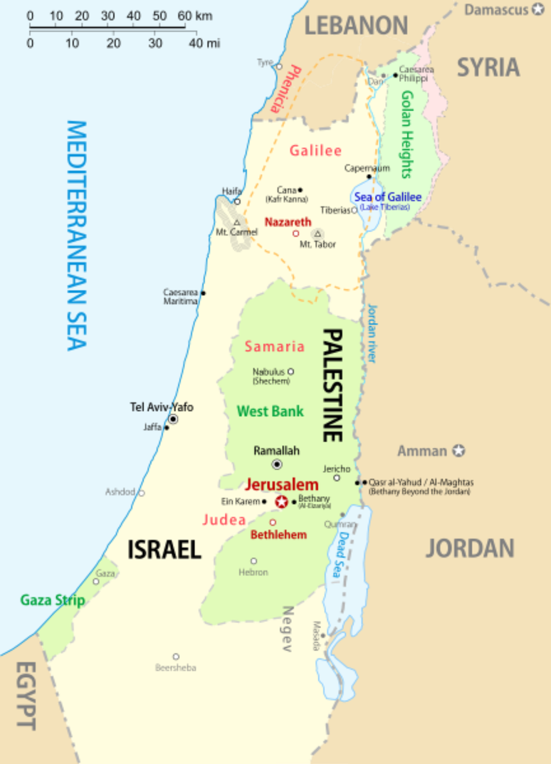 Território da Palestina (em verde) /