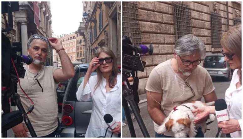 Ilze com o parceiro de trabalho Maurizio Della Costanza e a cachorrinha Pina, fiel companheira até em gravações