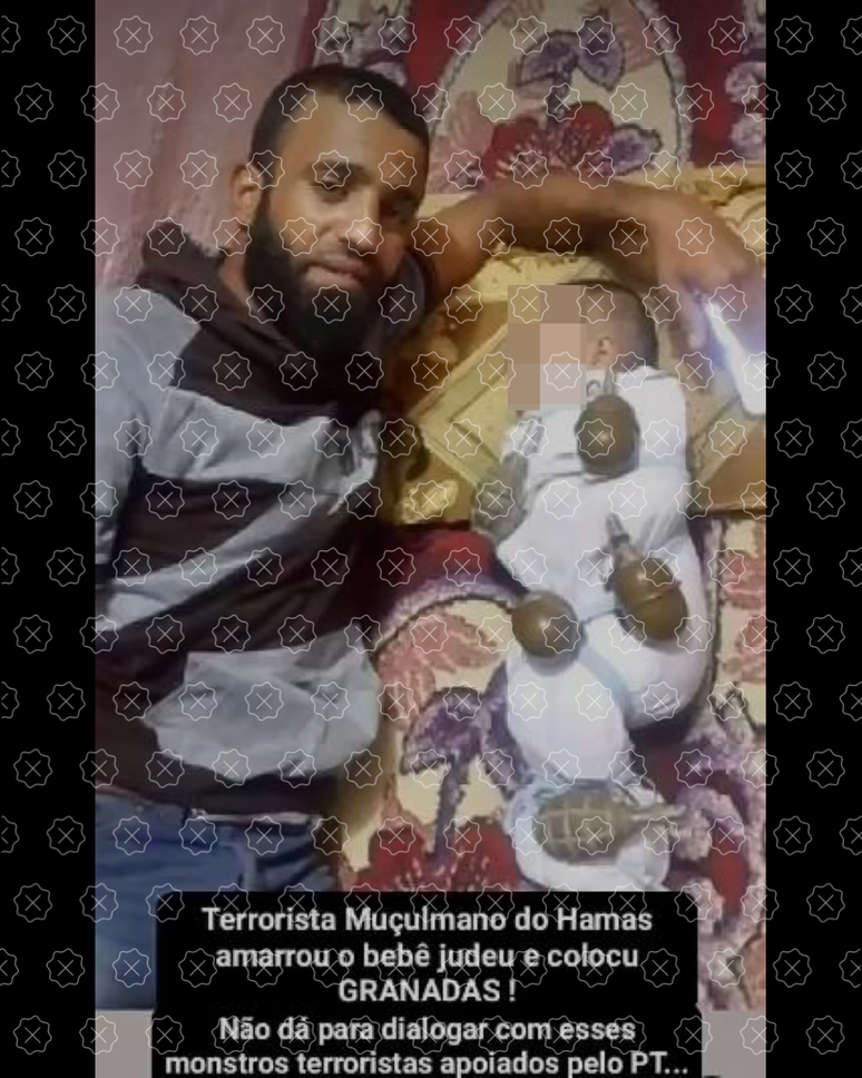 Foto mostra homem ao lado de bebê amarrado com granadas junto da legenda: terrorista do Hamas amarrou o bebê judeu e colocou granadas