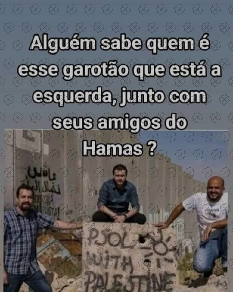 Foto em que Boulos segura cartaz com dizeres ‘PSOL with Palestine’ é acompanhada de legenda que sugere que outros dois homens que aparecem na imagem seriam integrantes do Hamas