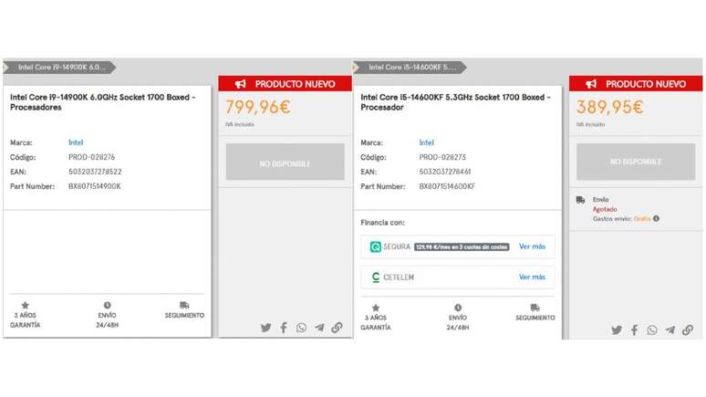 Site espanhol de componentes listou os Raptor Lake Refresh com preços até 32% superiores aos modelos equivalentes da geração anterior.(Imagem: Coolmod/Reprodução)