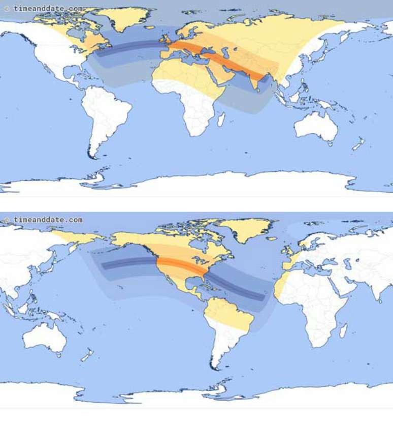 Os eclipses em 1999 (acima) e 2017 (abaixo), separados por um Ciclo de Saros, apresentam diversas semelhanças; por exemplo, eles têm uma formação quase idêntica.